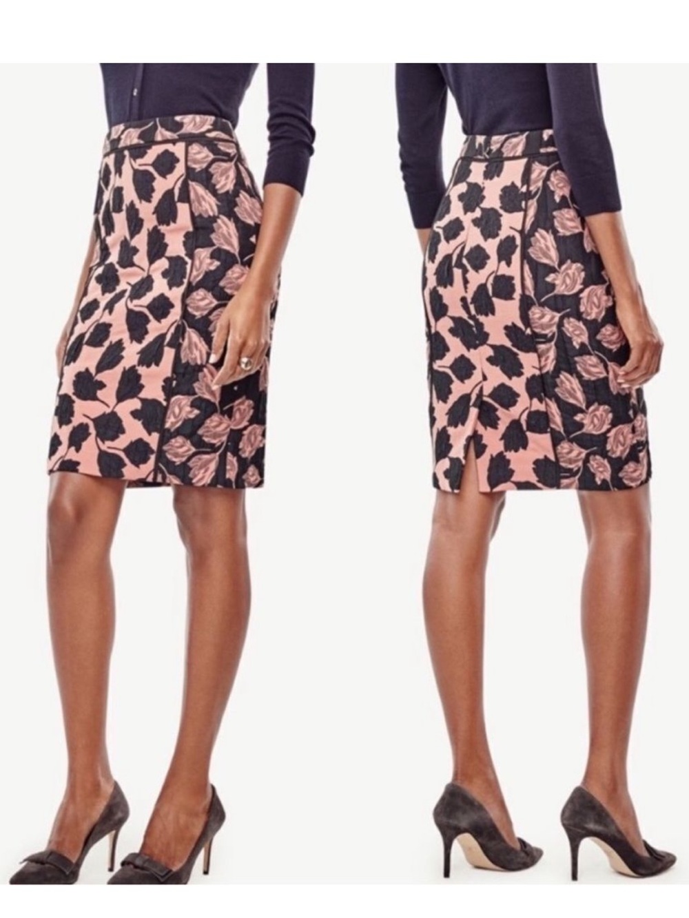 Ann Taylor 2 Black Pink Jacquard Tulip Pencil Skirt